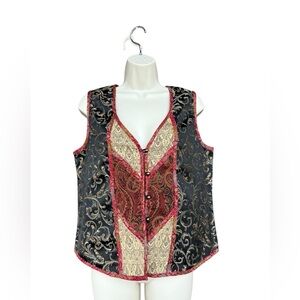 Vintage White Stag Vest Womens S Patchwork Brocade Paisley Mixed Media Button Up